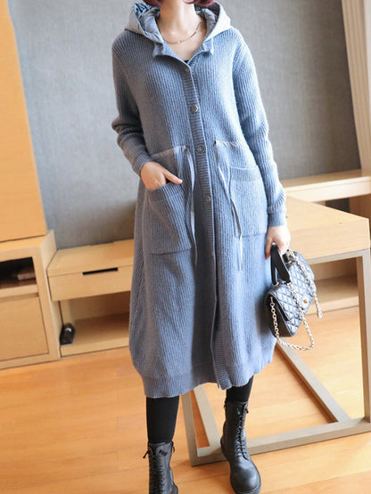 Casual Loose Solid Color Split-Joint With Pocket Buttoned Drawstring Hooded Long Sleeves Knitted Cardigan Outwear