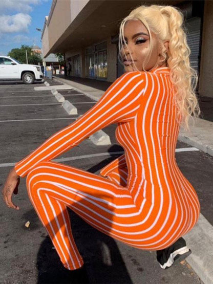 V-neck Striped Sports Jumpsuits