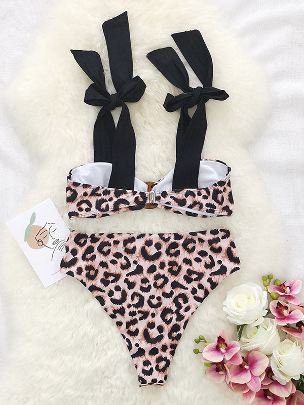 Leopard Printed High-Waisted Bowknot Bikini Swimwear