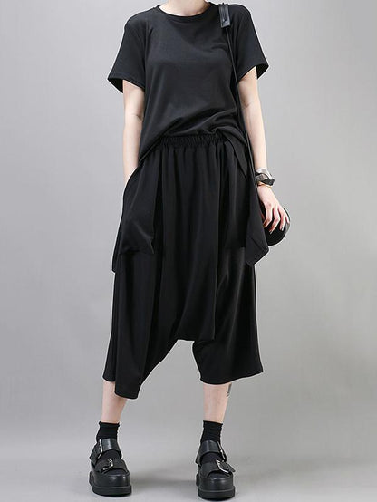 Simple Black Large Pockets Harem Pants