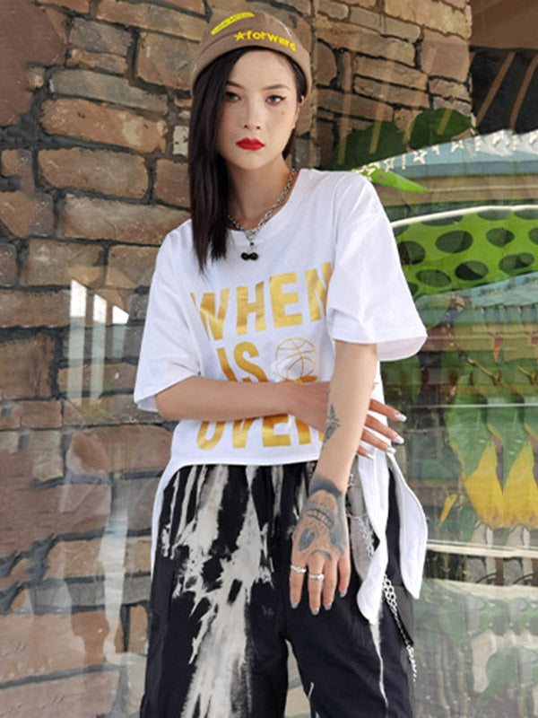 Stylish Letter&Character Print Asymmetric Short T-Shirt