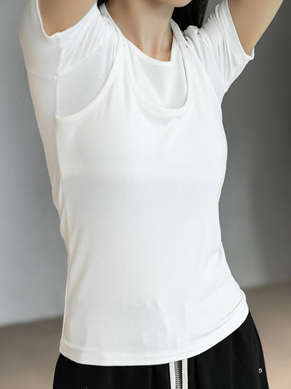 Stylish Halterneck Solid Color False Two Short Sleeves T-Shirt