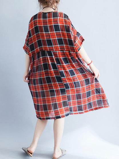 Loose Light Red Plaid Long Dress