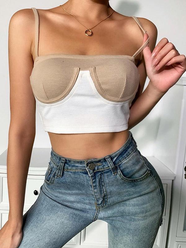 Wrap Spaghetti-Neck Contrast Color Exposed Navel Tanks