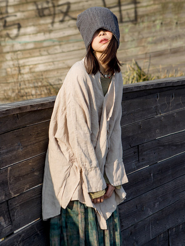 Artistic Retro Irregular Ramie Cotton Pleated V-Neck Long Sleeves T-Shirt