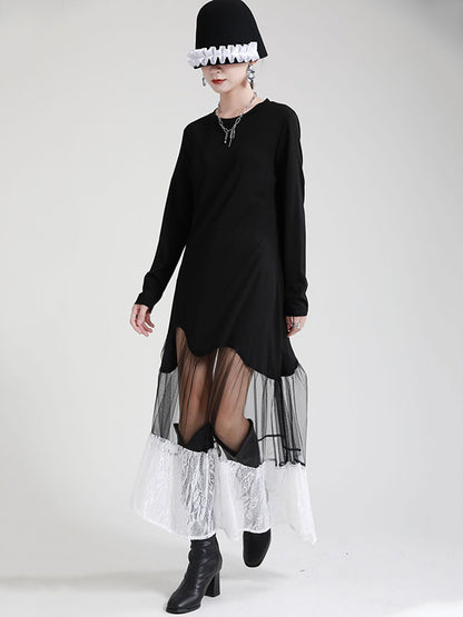 Stylish Original Split-Joint Embroidered Hollow Lace Round-Neck Long Sleeves Maxi Dress