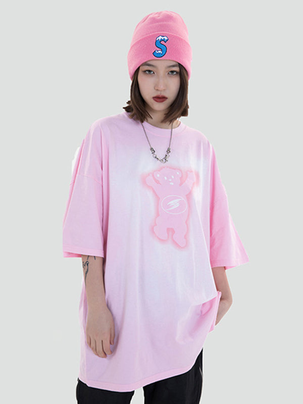 Vintage Round-Neck Bear Print Loose T-Shirts Tops