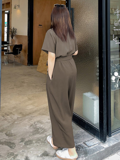 Casual Solid Color Split-Joint With Pocket Tied Zipper Short Sleeves Wide Legs Jumpsuits