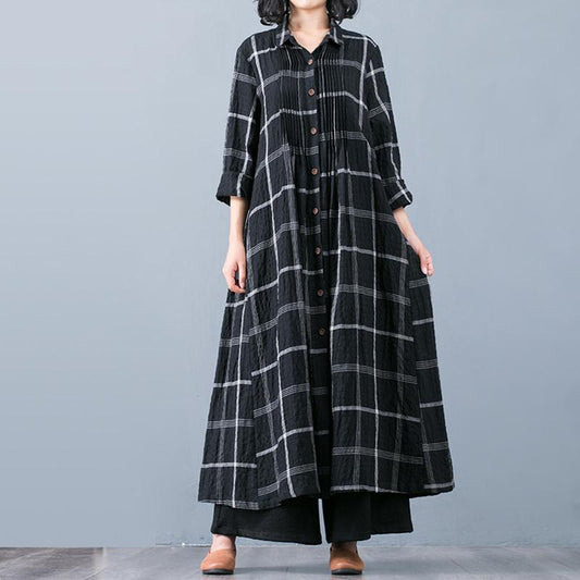 Buykud Plaid Folded Single Breasted Loose Coat