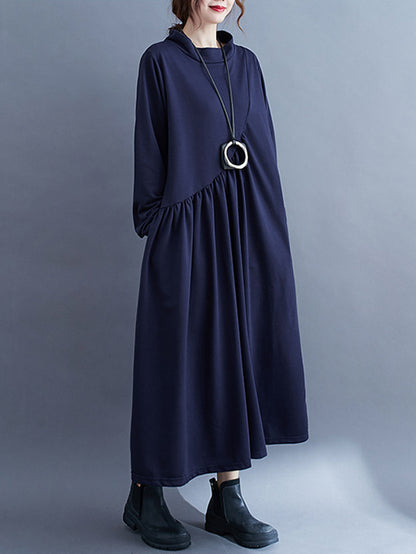 Simple Solid Color Asymmetric Split-Joint Long Sleeve Midi Dress