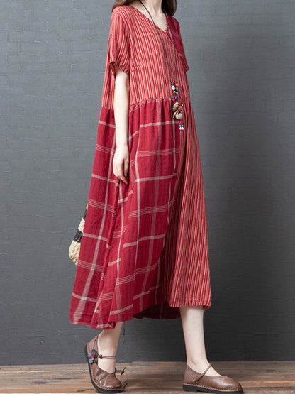 Artistic Retro Loose Split-Joint Striped Plaid V-Neck Short Sleeves Midi Dress