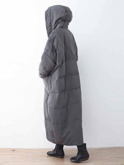 Simple White Duck Down Over Knee Solid Color Zipper Hooded Down Wear Coat