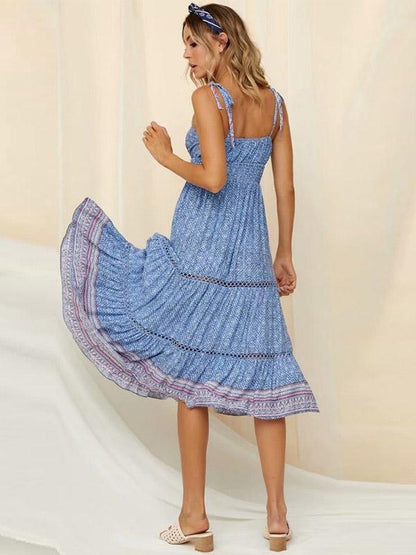Printed Hollow Split-joint Spaghetti-neck Maxi Dress