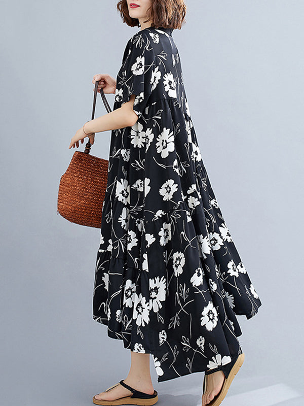 Artistic Retro Loose Floral Printed Pleated Midi Dress