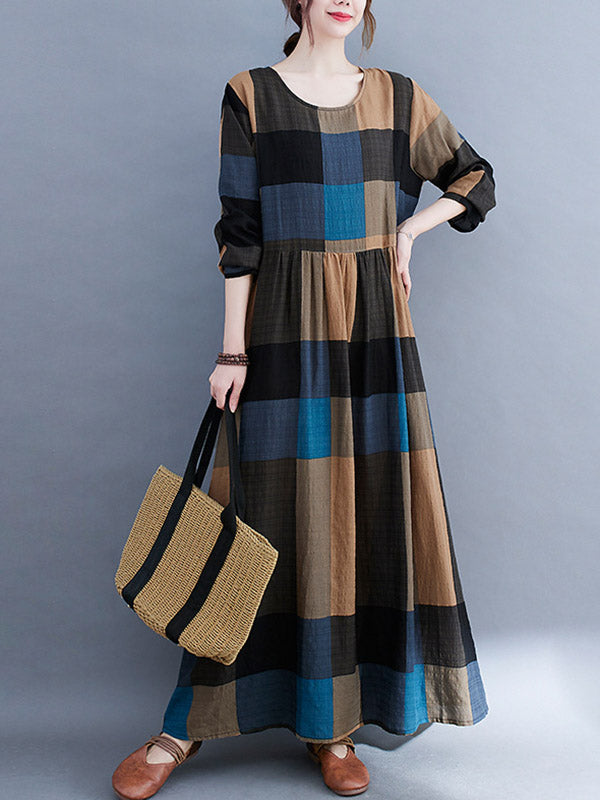 Vintage Ramie Cotton Long Sleeves A-Line Maxi Dresses