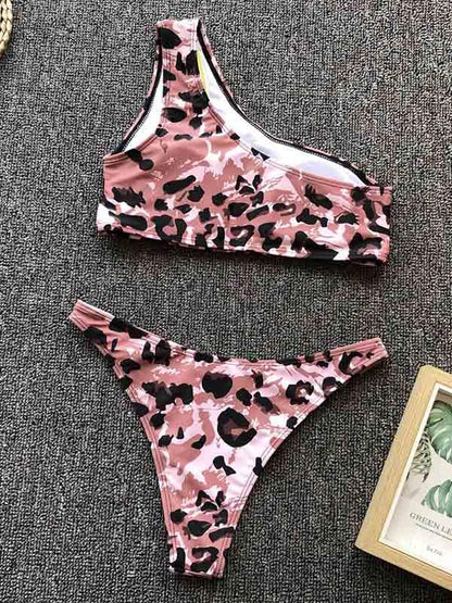 Single Shoulder Leopard Bikini Set