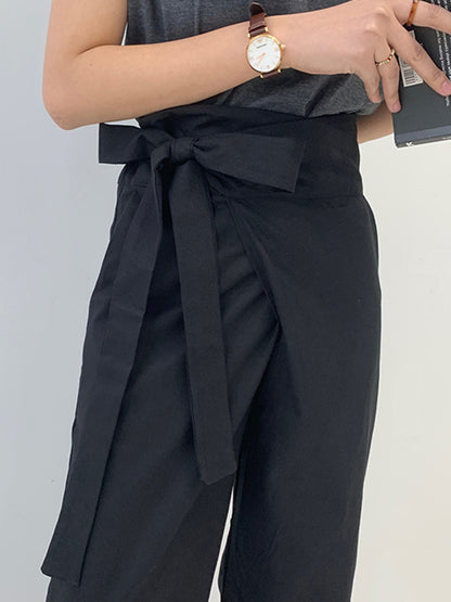 Simple 9 Colors Ramie Cotton Tied High-Waisted Pants