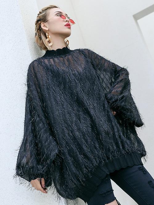 Fuzzy Tasseled See-through Batwing Sleeves Shirt Top