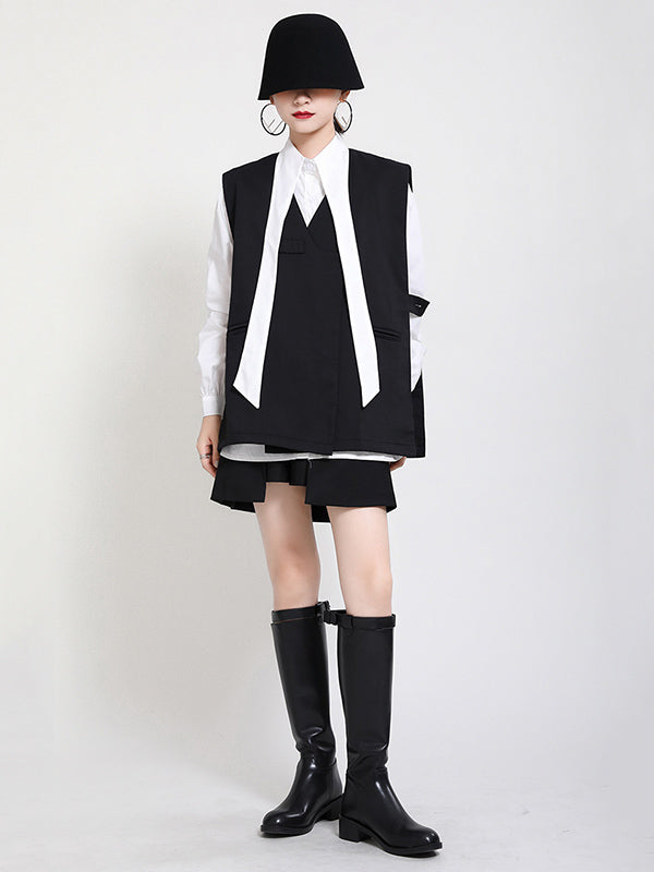 Stylish Urban Contrast Color Buttoned Lapel Collar Long Sleeves Blouse+Sleeveless Vest Outwear