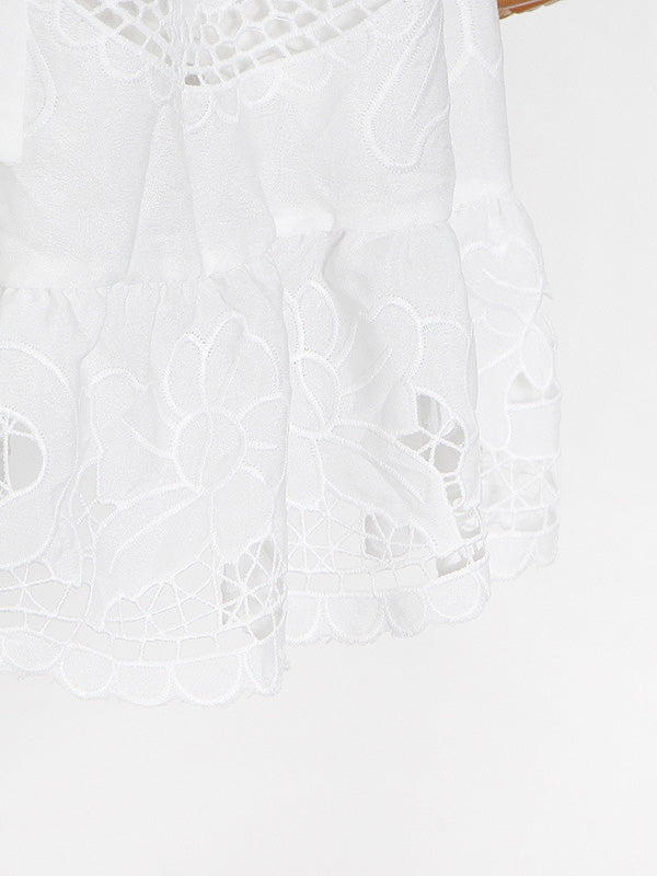 Fashion Solid Color Backless Hollow Lace V-Neck Bishop Sleeve Mini Dress