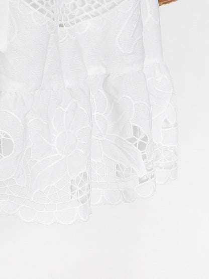 Fashion Solid Color Backless Hollow Lace V-Neck Bishop Sleeve Mini Dress