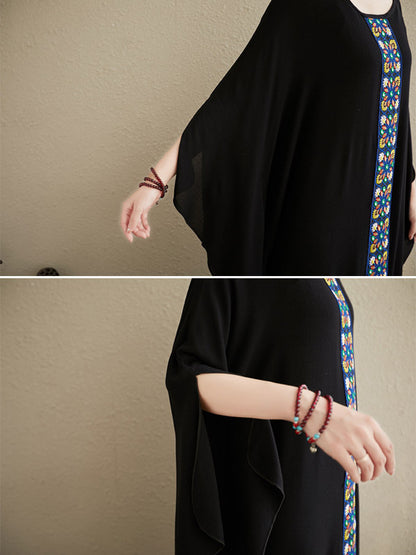 National Loose Embroidered Round-Neck Batwing Sleeves Midi Dress