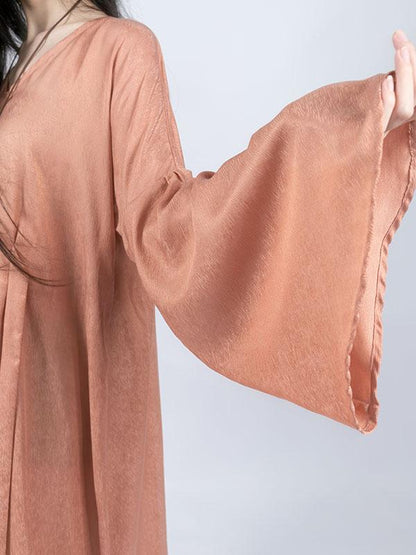 Tencel Flared Sleeves V-neck Lace-up Long Dress