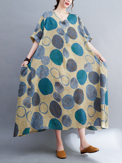 Original Artistic Retro Polka-Dot Ramie Cotton Midi Dress