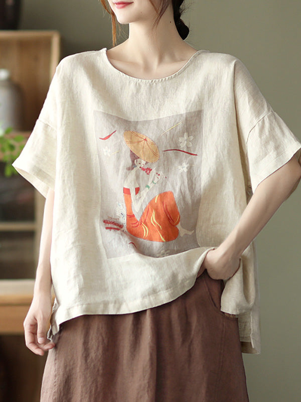 Ramie Cotton Printing Round-Neck T-Shirts Tops
