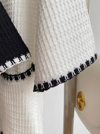 Casual Black&White V-Neck Short Sleeves Knitwear Cardigan