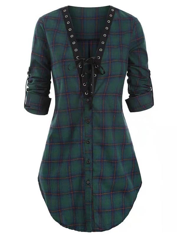 Vintage Bandage Plaid Blouses&Shirts Tops