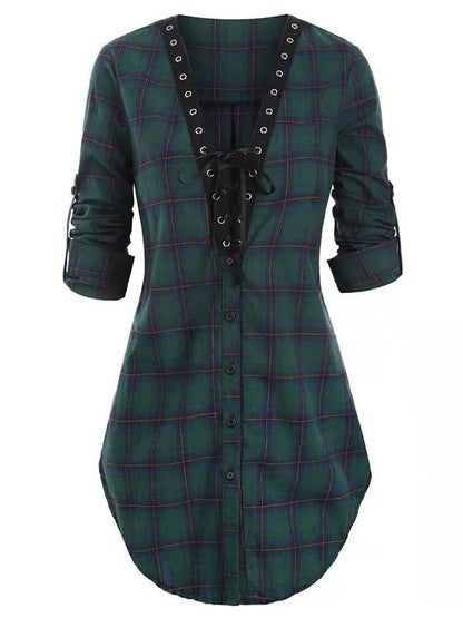 Vintage Bandage Plaid Blouses&Shirts Tops