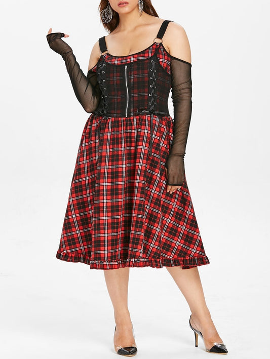 Vintage Contrast Color Plaid Midi Dresses