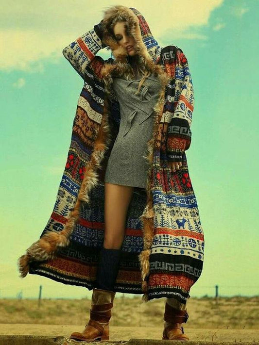 Printed Artificial Fur Hooded Outwears