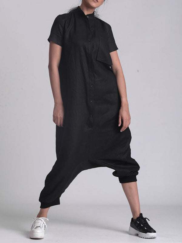 Simple Black Stand Collar Low Crotch Short Sleeves Jumpsuits