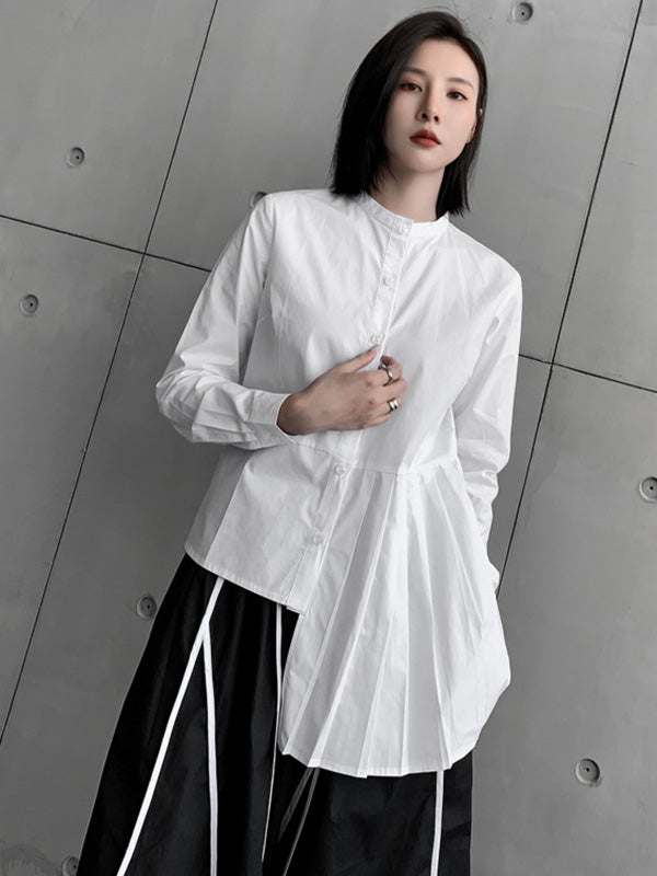 Stylish Irregular Solid Color Split-Joint Pleated Buttoned Stand Collar Long Sleeves Blouse