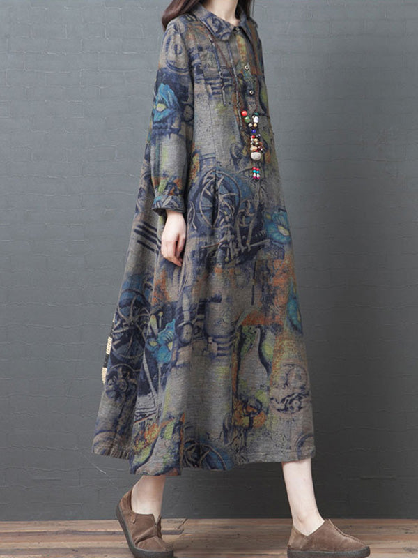 Vintage Buttoned Printed Ramie Cotton Lapel Long Sleeves Midi Dress