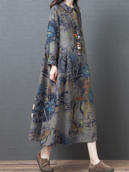 Vintage Buttoned Printed Ramie Cotton Lapel Long Sleeves Midi Dress