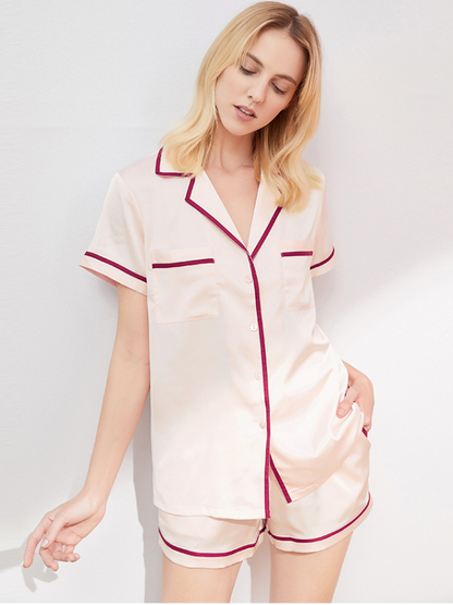 Casual Ice Silk Solid Color Notched Collar Short Sleeves Shirts& Shorts Pajama