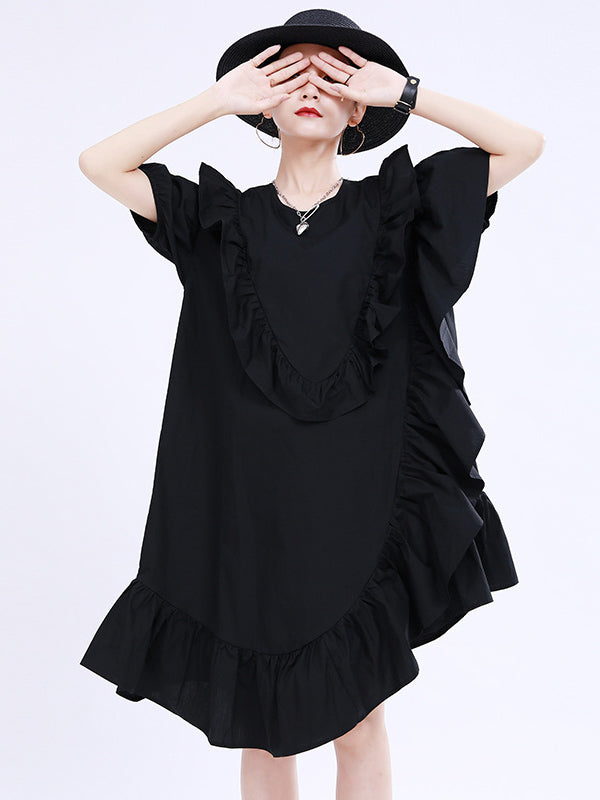 Original Irregular Solid Color Split-Joint Falbala Round-Neck Short Sleeves Midi Dress