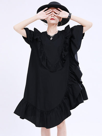 Original Irregular Solid Color Split-Joint Falbala Round-Neck Short Sleeves Midi Dress
