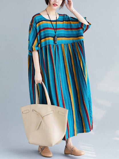 Loose Retro Striped Round-neck Long Dress