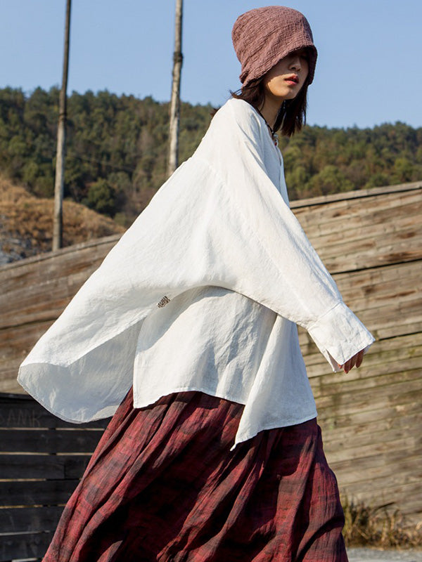 Artistic Retro Irregular Ramie Cotton Pleated V-Neck Long Sleeves T-Shirt