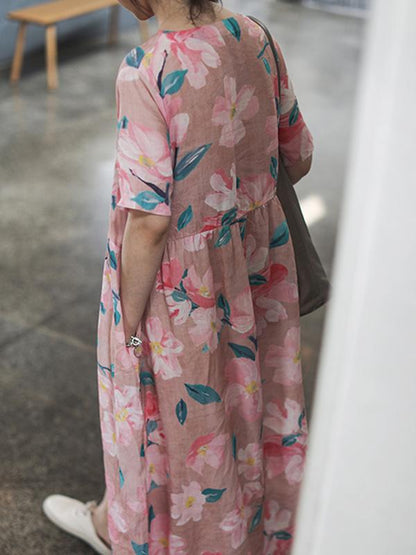 Literary Printed Ramie Cotton Long Dress