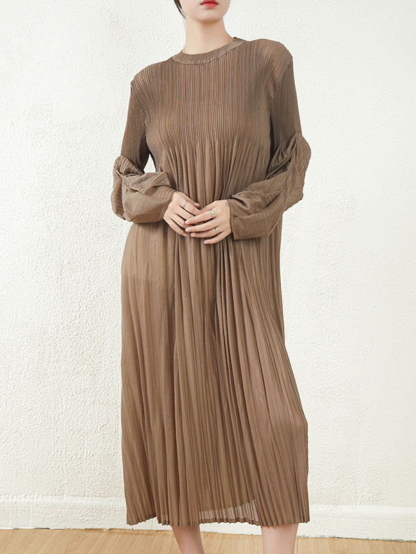 Loose Long Pile Sleeves Pleated Solid Color Round-Neck Midi Dresses