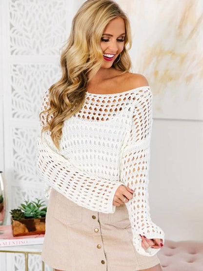 White Long Sleeve Hollow Blouses&Shirts Tops