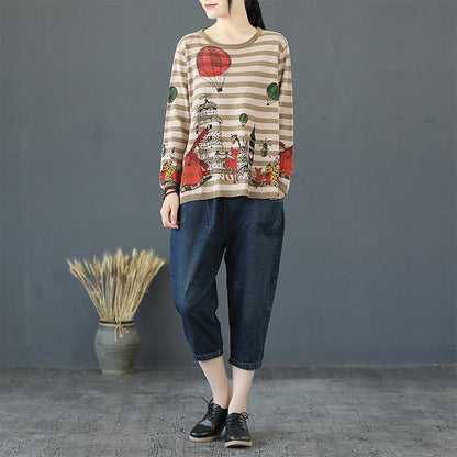 Buykud Stripes Cartoon Pullover Casual Knitted Shirt