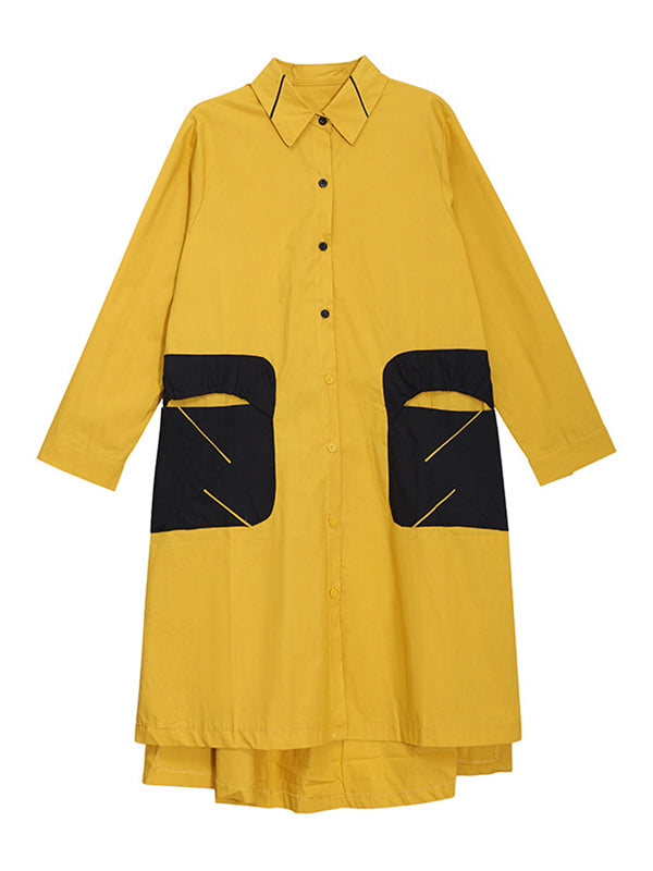 Casual Split-Joint Buttoned Lapel Collar Long Sleeves Midi Shirt Dress