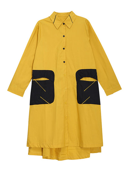 Casual Split-Joint Buttoned Lapel Collar Long Sleeves Midi Shirt Dress