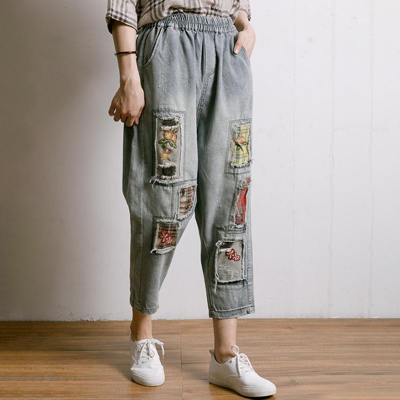 Embroidered Floral Patchwork Burr Women Jeans